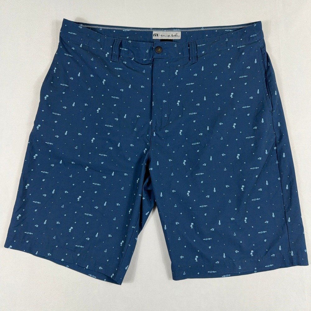 TravisMathew Golf Shorts Performance‎ Stretch Tropical Fish Print 38 Navy Blue